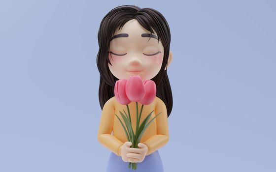 Little girl holding flower in her hand with cartoon style, 3d rendering. Computer digital drawing.