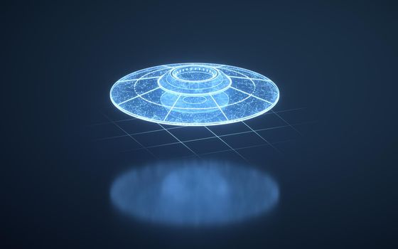 UFO with blue digital lines structure, 3d rendering. Compute digital drawing.