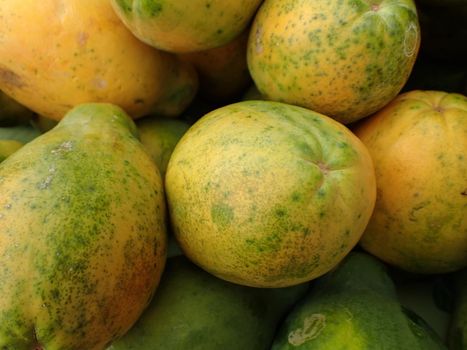 Close-up of Hawaiian papayas at a farmer's market in Maui, Hawaii.