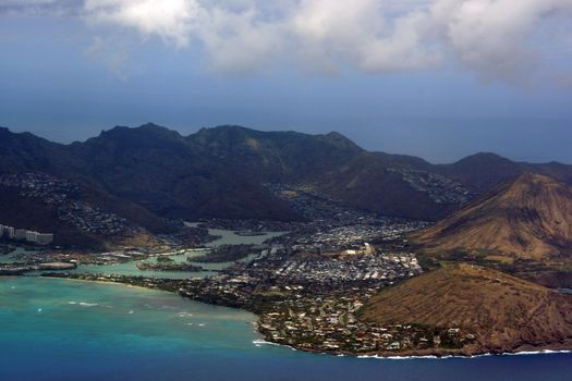 Aerial view of Kuapa Pond, Hawaii Kai Town, Portlock, clouds and Pacific Ocean on Oahu, Hawaii.  March 2015.