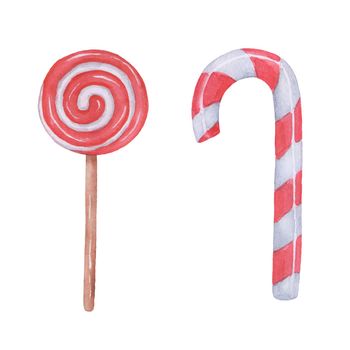 Watercolor candy lollipop. Painting symbol of Christmas. Hand drawn holiday illustration isolated on white background.
