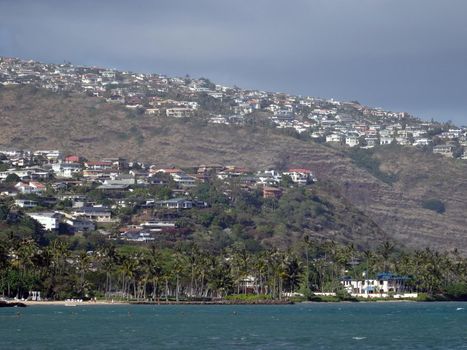 Kahala Beach, coconut trees, ocean and Hilltop homes  on Oahu, Hawaii.