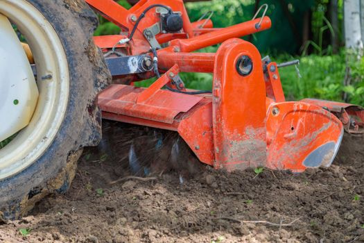 Cultivator for a mini-tractor for loosening the soil. Agricultural work. Excavation. Close-up.