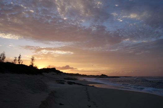 Waves break and crash towards the Hanakailio Beach with dramatic blue-pink cloudy skyline at dusk with dragonfly in air on the North Shore of Oahu, Hawaii.  