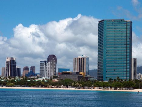 Ala Moana Beach Park with office building and condos in the background during a beautiful day on the island of Oahu, Hawaii. 