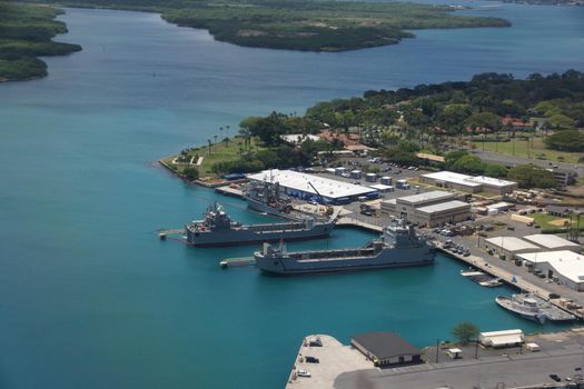 Navy Boats docked in Pearl Harbor on Oahu, Hawaii.