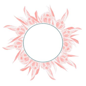 Tulips flowers hand drawn round frame for poster layout, sketch for engraving illustration. Tulips frame or badge design for invitation or business cards.