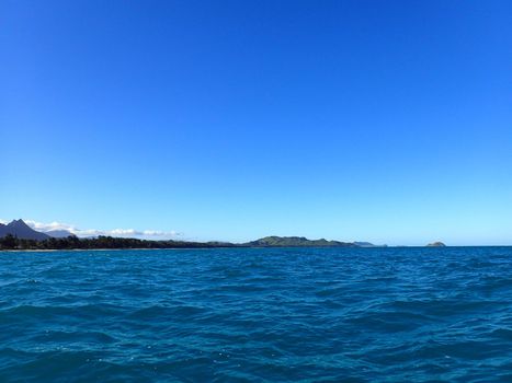 Bellows Beach and Na Mokulua Islands seen from the waters of Waimanalo Bay.