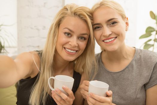 Young beautiful girls making a selfie together while having coffee at the local cafe friendship memories positivity togetherness emotions leisure lifestyle youth students campus college relaxing weekend relationships