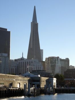 San Francisco Pier and Downtown with the landmarks of TransAmerica building  in the background.  October 2015.