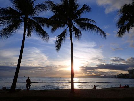 WAIKIKI, USA - MAY 15: Dramatic lighting of Sunsets through Coconut trees over Waianae mountains with light reflecting on ocean and illuminating the sky with boats sailing on the water off Waikiki Beach on Oahu, Hawaii. May 15, 2016.