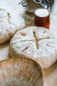 Homemade bread from wholegrain flour and fermented yeast ready to be backed