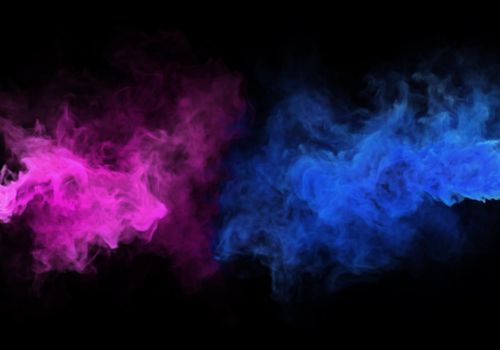 Blue and pink mystery neon fog and smoke texture. Duo colors 3D render abstract dark background for fest and fan party