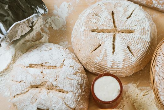 Homemade bread from wholegrain flour and fermented yeast ready to be backed