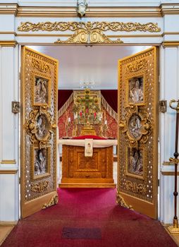 Sitka, AK - 8 June 2022: Golden interior of the restored Orthodox cathedral in Sitka in Alaska