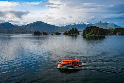 Sitka, AK - 8 June 2021: Tender boat from Viking Orion takes passengers to port in Alaska