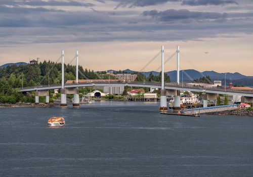 Sitka, AK - 8 June 2022: Viking Orion tender boat leaves docks in Sitka in Alaska