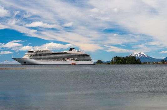 Sitka, AK - 8 June 2022: Viking Orion cruise ship anchored in Sitka bay in Alaska
