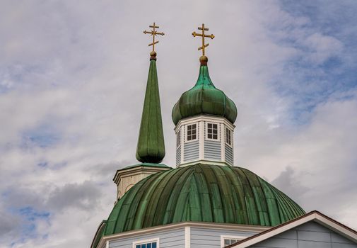 Green roof structure and exterior of the restored Orthodox cathedral in Sitka in Alaska