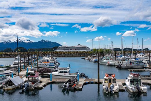 Sitka, AK - 8 June 2022: Viking Orion cruise ship by the harbor in Sitka, Alaska