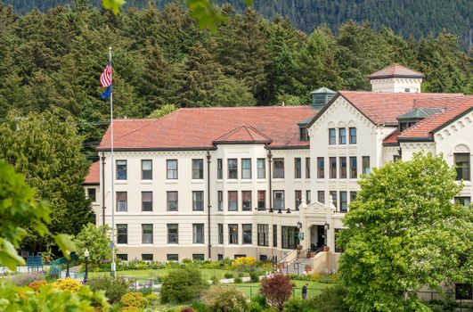 Sitka, AK - 8 June 2022: Exterior of the Alaska Pioneer retirement home in Sitka in Alaska