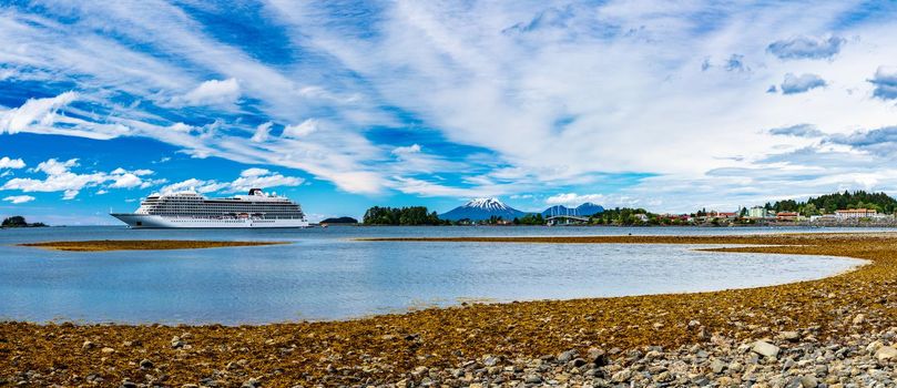 Sitka, AK - 8 June 2022: Viking Orion cruise ship anchored in Sitka bay in Alaska