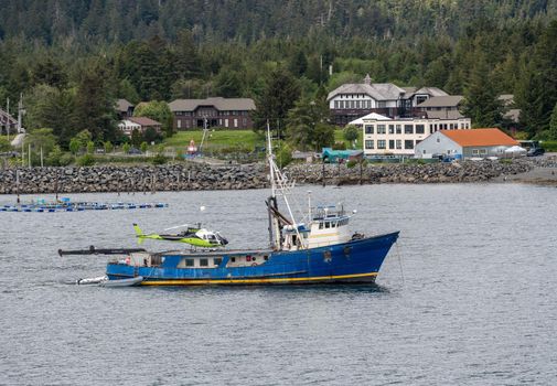 Sitka, AK - 8 June 2022: Steadfast arctic research ship anchored in Sitka bay in Alaska