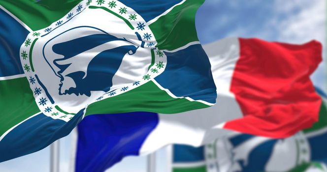 National flags of Martinique waving the flag of France on a clear day. Martinique is an island of the Antilles, French overseas department