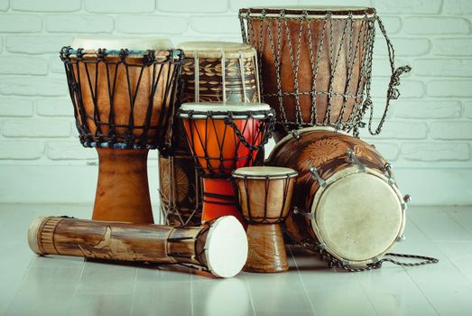 variation of ethnic drums different sizes from small to huge