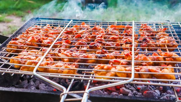 Cooking chicken skewers on the grill in the garden at sunset