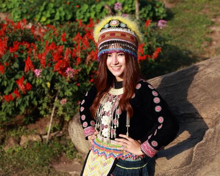 Traditionally dressed Mhong hill tribe woman in the garden at mountain