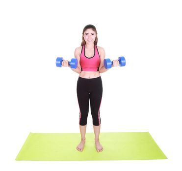 Fitness woman with dumbbell isolated on white background