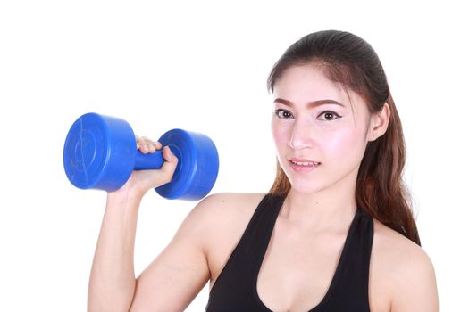 Fitness woman with dumbbell isolated on white background