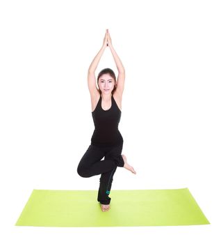 Young woman doing yoga exercise with yoga mat isolated on white background