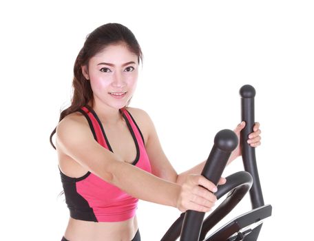 young woman doing exercises with exercise machine, on white background