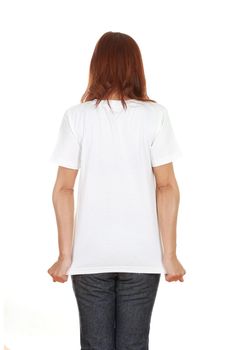 female with blank white t-shirt (back side) isolated on white background