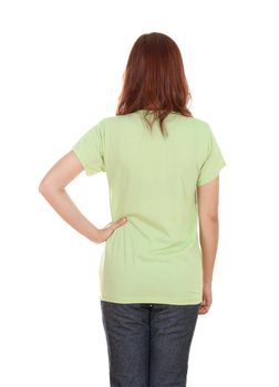 female with blank green t-shirt (back side) isolated on white background