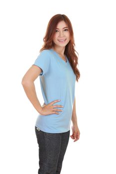 young beautiful female with blue t-shirt (side view) isolated on white background