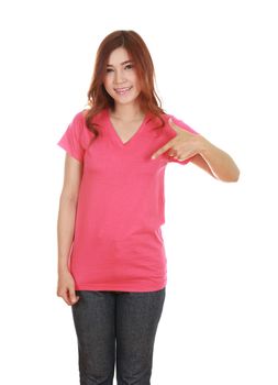 young beautiful female with blank pink t-shirt isolated on white background