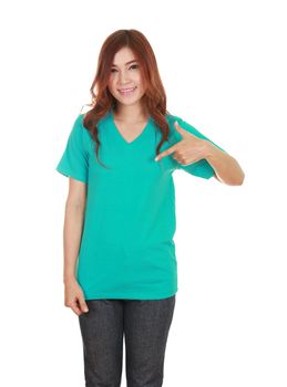 young beautiful female with blank green t-shirt isolated on white background