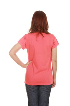 female with blank t-shirt (back side) isolated on white background