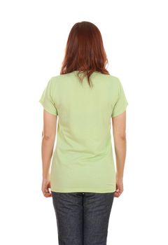 female with blank green t-shirt (back side) isolated on white background