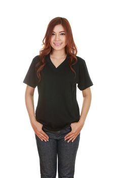 young beautiful female with blank black t-shirt isolated on white background