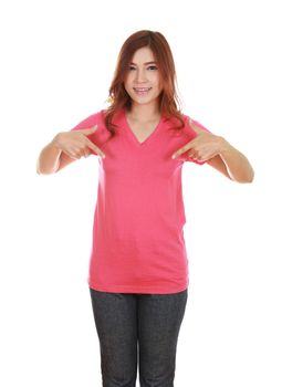 young beautiful female with blank pink t-shirt isolated on white background