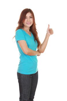 woman in blank t-shirt with thumbs up isolated on white background