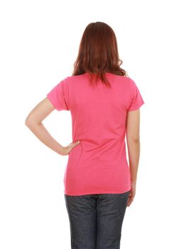 female with blank pink t-shirt (back side) isolated on white background