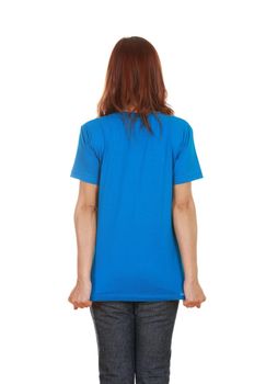 female with blank blue t-shirt (back side) isolated on white background