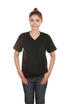 young beautiful female with blank black t-shirt isolated on white background