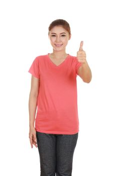 woman in blank t-shirt with thumbs up isolated on white background