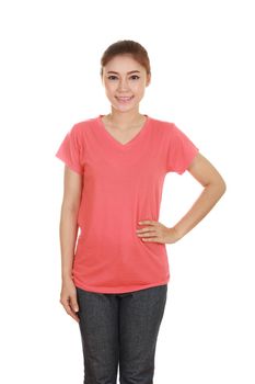 young beautiful female with blank t-shirt isolated on white background